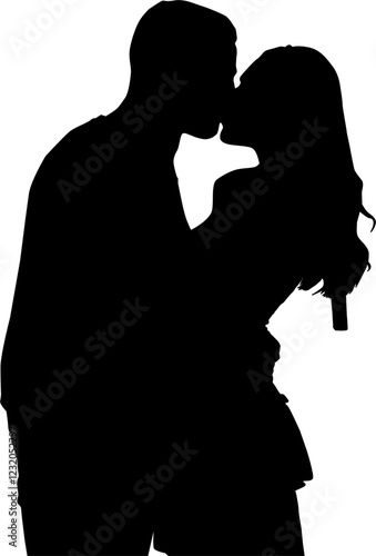 Silhouette of a Couple Kissing, Romantic Lovers, Black and White Love Art