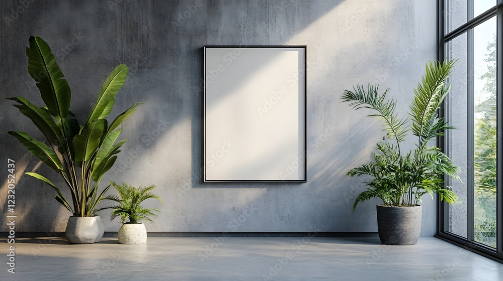 Bright and airy minimalist interior design with large windows lush green potted plants and a simple black picture frame on a gray concrete wall Bright and airy minimalist interior design with large windows lush green potted plants and a simple black picture frame on a gray concrete wall