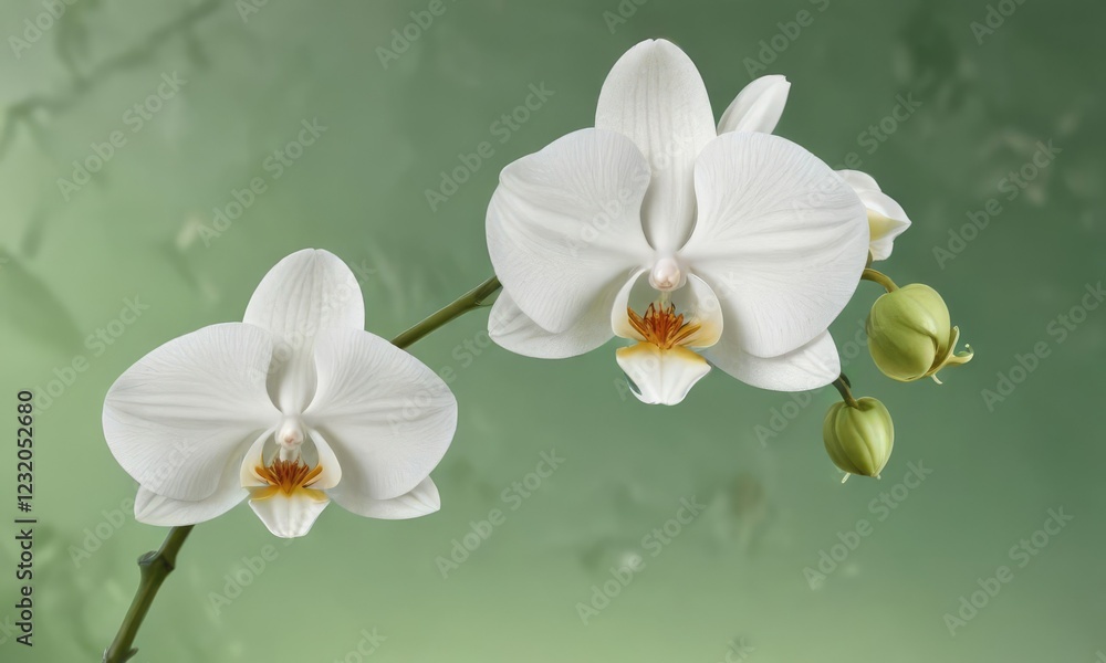 Obraz premium Delicate white orchid bloom on a soft green background, Elegant, Spring, Delicate, Alluring, Graceful