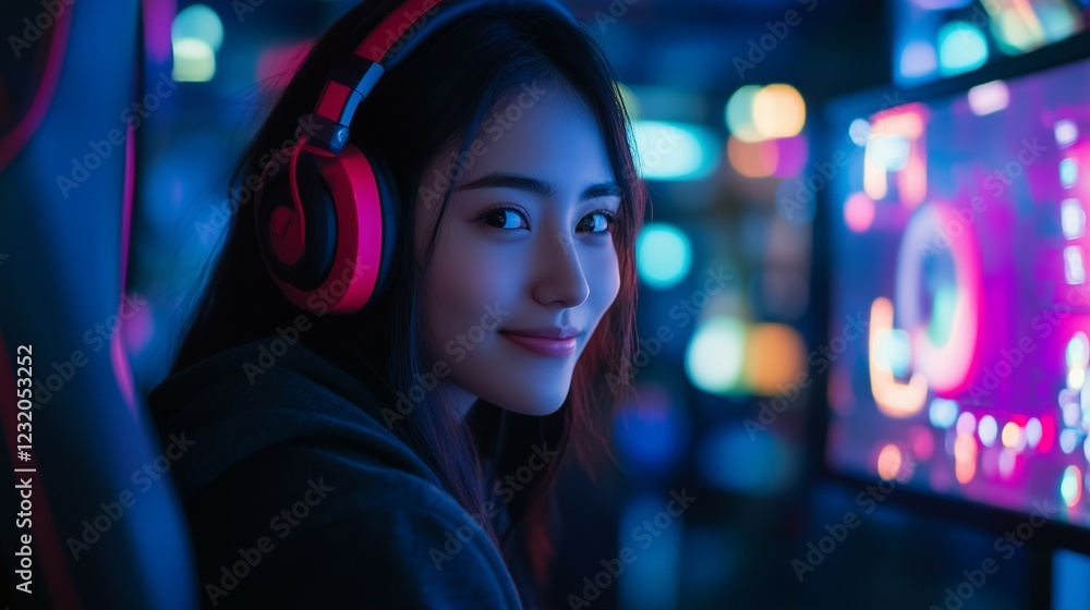 Beautiful young woman wearing headphones, she is smiling at the camera, sitting in front of the computer with lighting, gaming room, side view Beautiful young woman wearing headphones, she is smiling at the camera, sitting in front of the computer with lighting, gaming room, side view