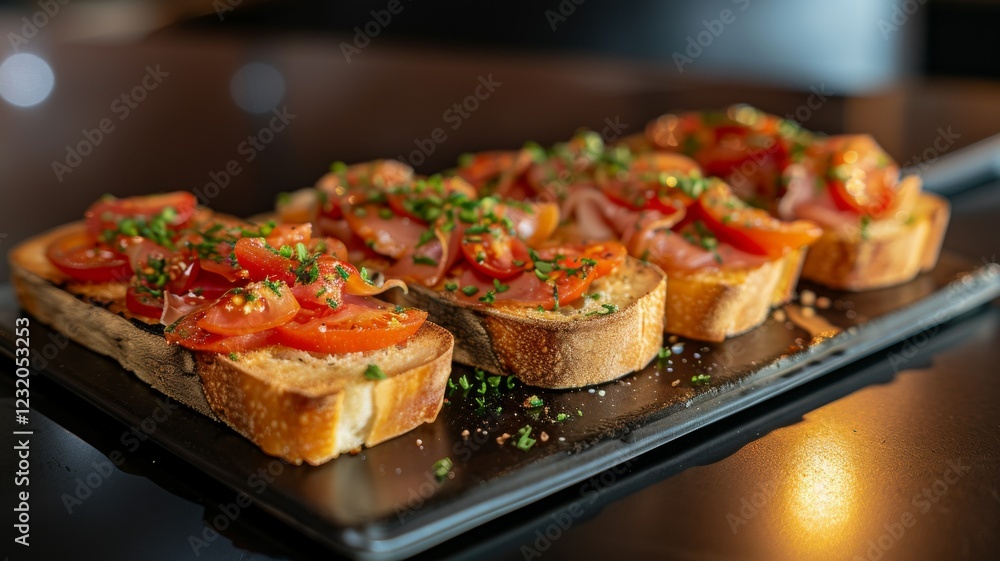 Pan con Tomate: Rustic bread slices brushed with ripe tomato, olive oil, and a pinch of salt, served with thin slices of Serrano ham on the side. Pan con Tomate: Rustic bread slices brushed with ripe tomato, olive oil, and a pinch of salt, served with thin slices of Serrano ham on the side.