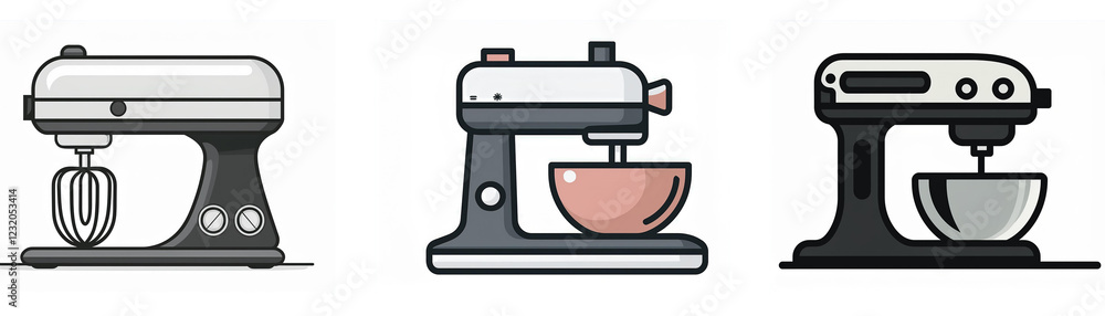 Three kitchen stand mixers, depicted as icons, showcasing different designs and styles. These appliances are essential kitchen utensils. Three kitchen stand mixers, depicted as icons, showcasing different designs and styles. These appliances are essential kitchen utensils.
