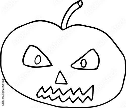 funny pumpkin with sharp teeth and evil eyes looks at the camera