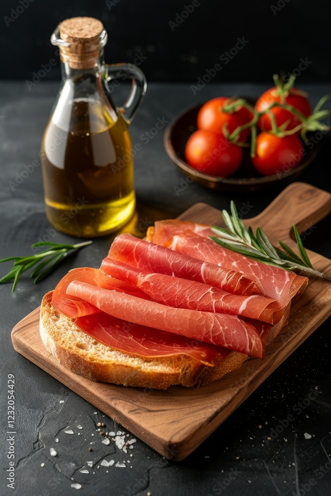 Pan con Tomate: Rustic bread slices brushed with ripe tomato, olive oil, and a pinch of salt, served with thin slices of Serrano ham on the side. Pan con Tomate: Rustic bread slices brushed with ripe tomato, olive oil, and a pinch of salt, served with thin slices of Serrano ham on the side.
