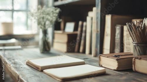 Rustic wooden desk with open notebooks, vintage books, and flowers near window.