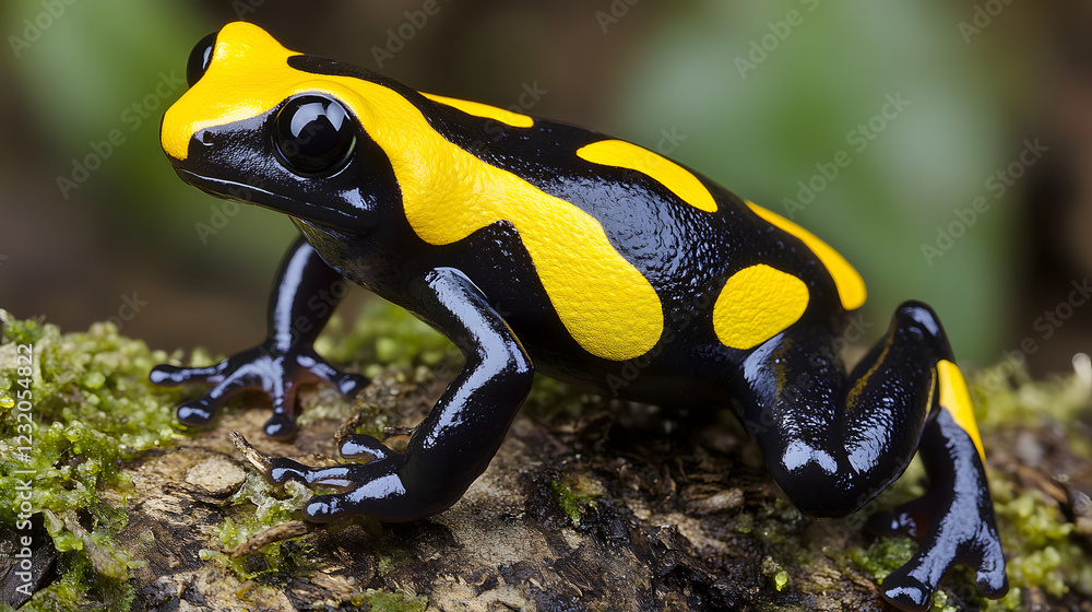 A vibrant black and yellow frog sits on moss, showcasing its striking coloration and intricate patterns, typical of poison dart frogs found in tropical habitats A vibrant black and yellow frog sits on moss, showcasing its striking coloration and intricate patterns, typical of poison dart frogs found in tropical habitats