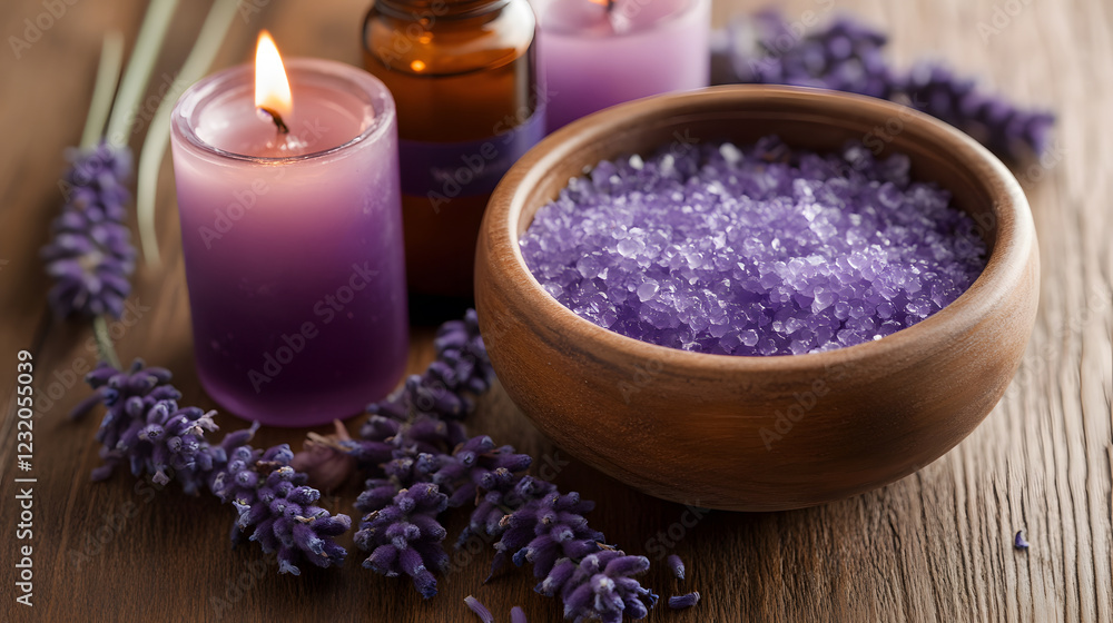 A serene arrangement of lavender products, including scented candles, bath salts, and fresh lavender, creating a calming atmosphere A serene arrangement of lavender products, including scented candles, bath salts, and fresh lavender, creating a calming atmosphere