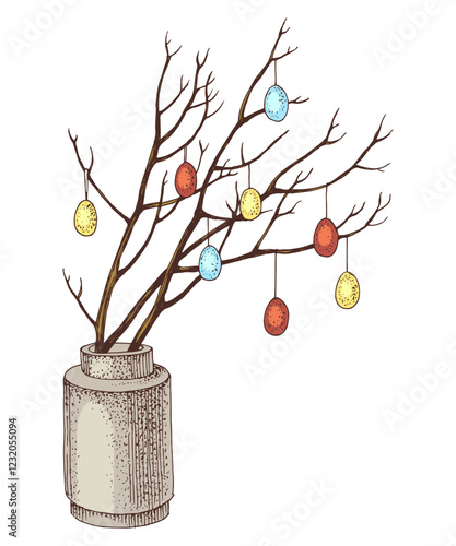 Easter time decoration - tree branches with eggs in a vase