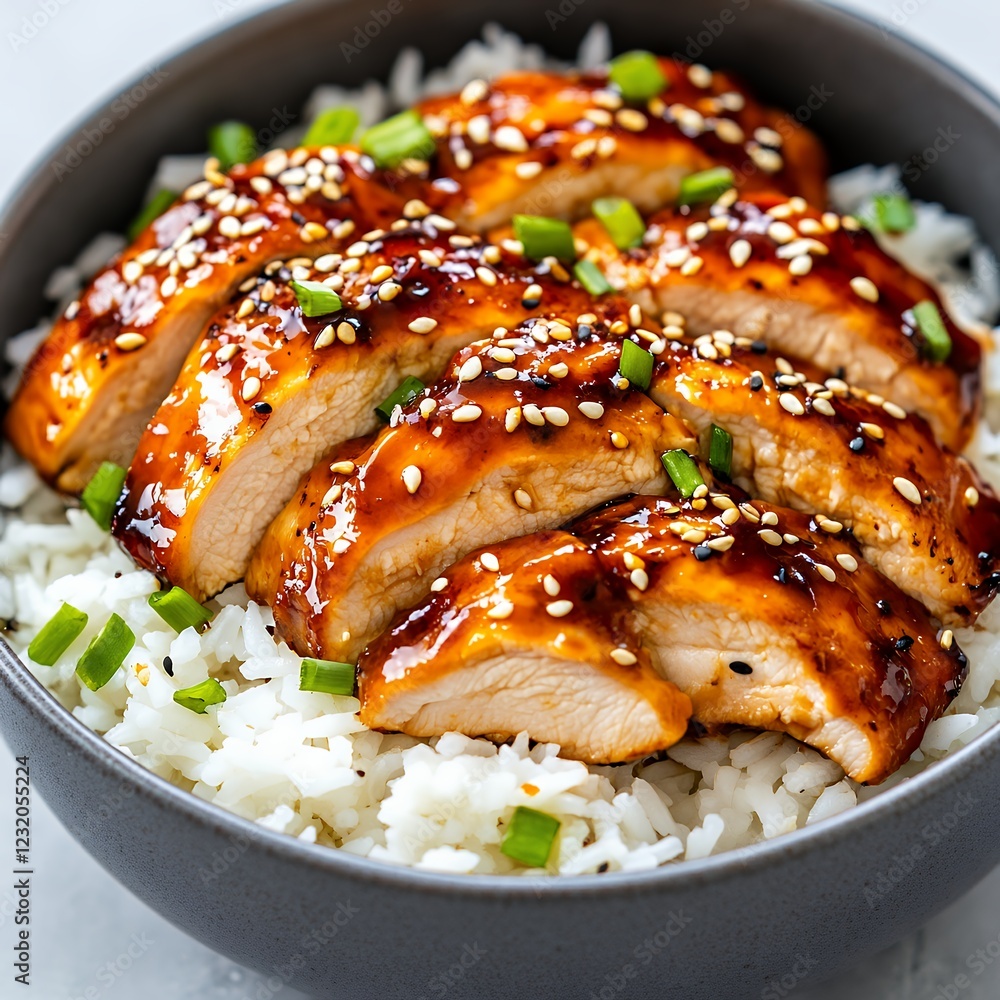 Sliced Teriyaki Chicken with Sesame Seeds and Rice in a Bowl