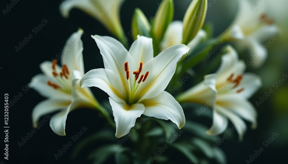 Fototapeta premium Elegant White Lilies Blooming Dark Background Soft Lighting