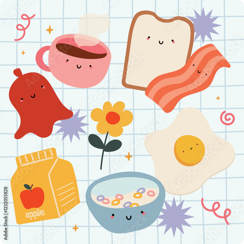 Flat Design Vector Cute Colorful Breakfast Elements with Fried Egg, Sausages, Bacon, Cereal, Coffee, and Milk. Appetizing Breakfast Menu Illustration for Fun and Creative Designs.