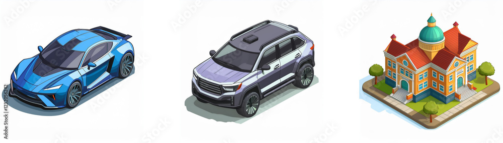 Isometric view showcasing a blue sports car, a gray SUV, and a classic building. The scene is vibrant and detailed. Isometric view showcasing a blue sports car, a gray SUV, and a classic building. The scene is vibrant and detailed.