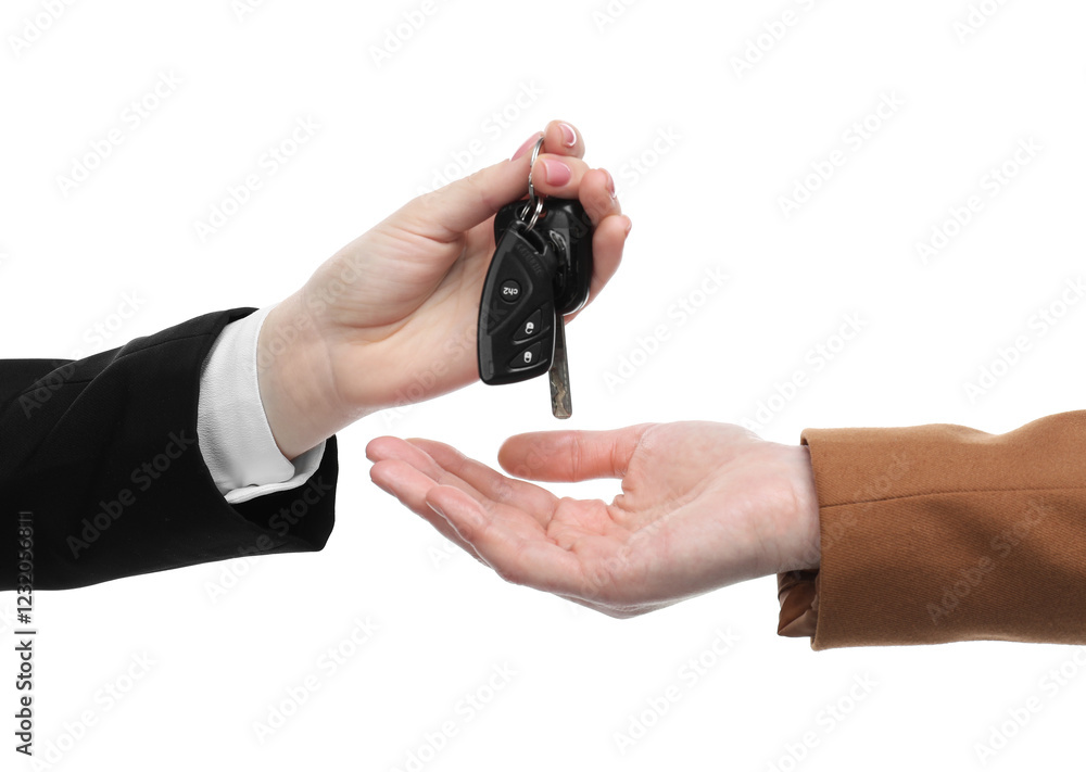Dealer giving car keys to customer on white background, closeup. Buying auto Dealer giving car keys to customer on white background, closeup. Buying auto