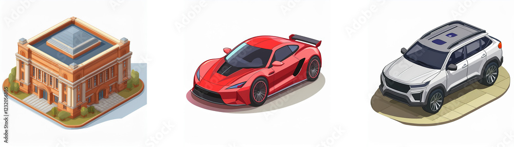 Isometric view showcasing a classic building, a red sports car, and a silver SUV. Illustrative style emphasizes design and form. Isometric view showcasing a classic building, a red sports car, and a silver SUV. Illustrative style emphasizes design and form.