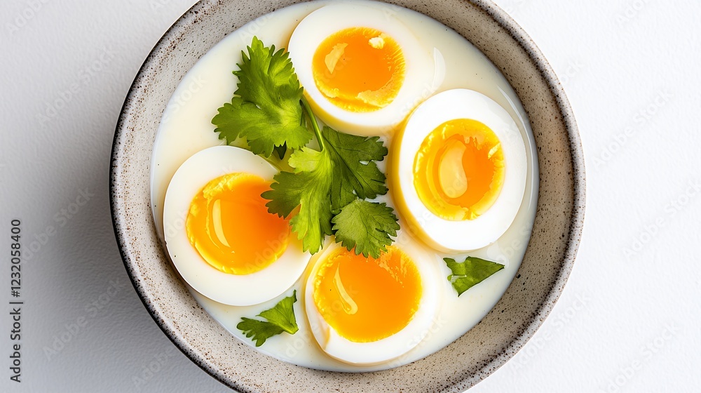 Soft Boiled Eggs with Creamy Sauce and Cilantro Garnish Soft Boiled Eggs with Creamy Sauce and Cilantro Garnish