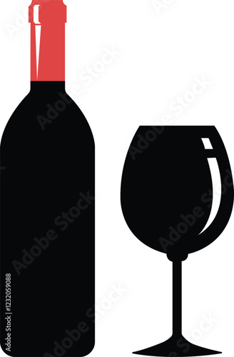 Wine bottle and glass icon set.Shape of traditional glass bottle of still wine.Wine making illustration sign collection.Wine bottle and glass vector graphic as alcohol drink Wine house symbol or logo.