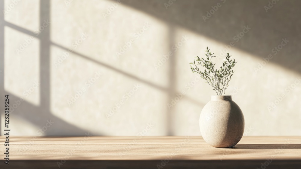 Simple vase with greenery on wooden surface, sunlight. Simple vase with greenery on wooden surface, sunlight.