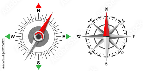 Navigation compass with dial, compas rose with arrows