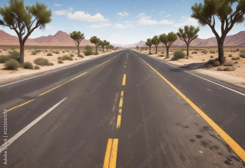 Naklejka premium Desert highway with worn-out surface and few trees, rural area, worn out roads