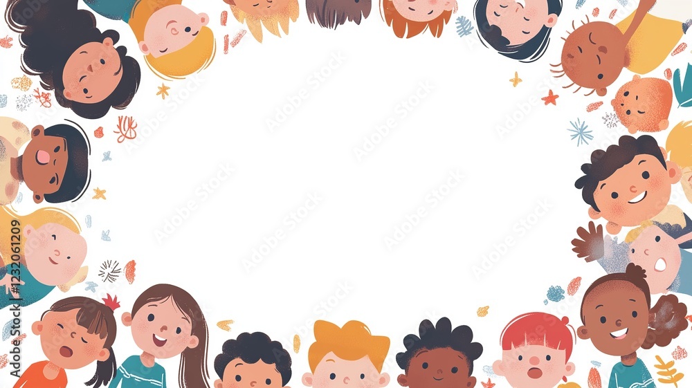A playful background with colorful illustrations of children playing around the borders, leaving a blank space in the middle for text, perfect for kid-themed content A playful background with colorful illustrations of children playing around the borders, leaving a blank space in the middle for text, perfect for kid-themed content