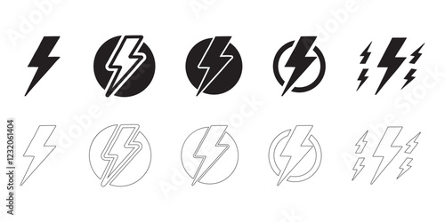 Set of Black and White Lightning Bolt Icons