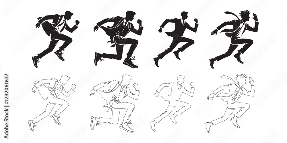 Businessmen Running in Silhouette and Outline Businessmen Running in Silhouette and Outline