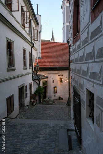 Obraz na płótnie Cozy Alley with String Lights and Outdoor Seating w salonie