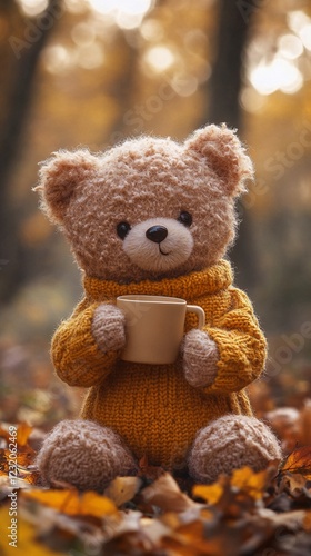 A teddy bear is holding a cup of coffee or tea while wearing an orange knit sweater and sitting on the ground surrounded by leaves.