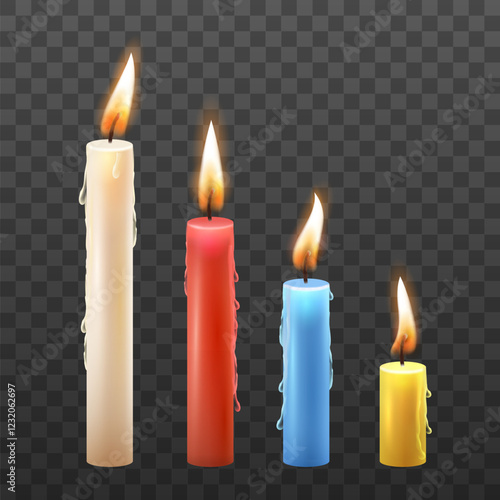 Realistic color paraffin or wax burning candle