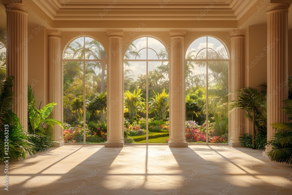 Fototapeta premium Gardens, elegant columns, and windows with large glass doors; cream-beige walls, Generative AI