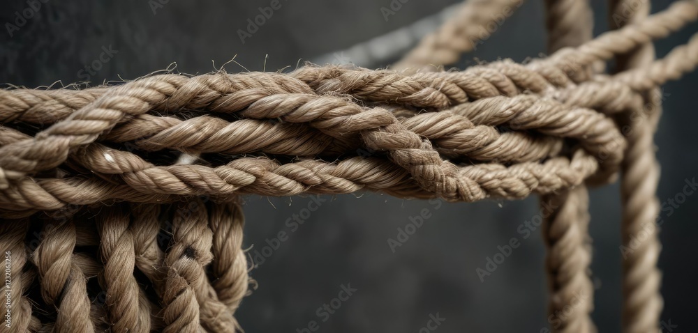Detail of a fraying rope with exposed threads and metallic fragments, close-up texture, worn fibers Detail of a fraying rope with exposed threads and metallic fragments, close-up texture, worn fibers