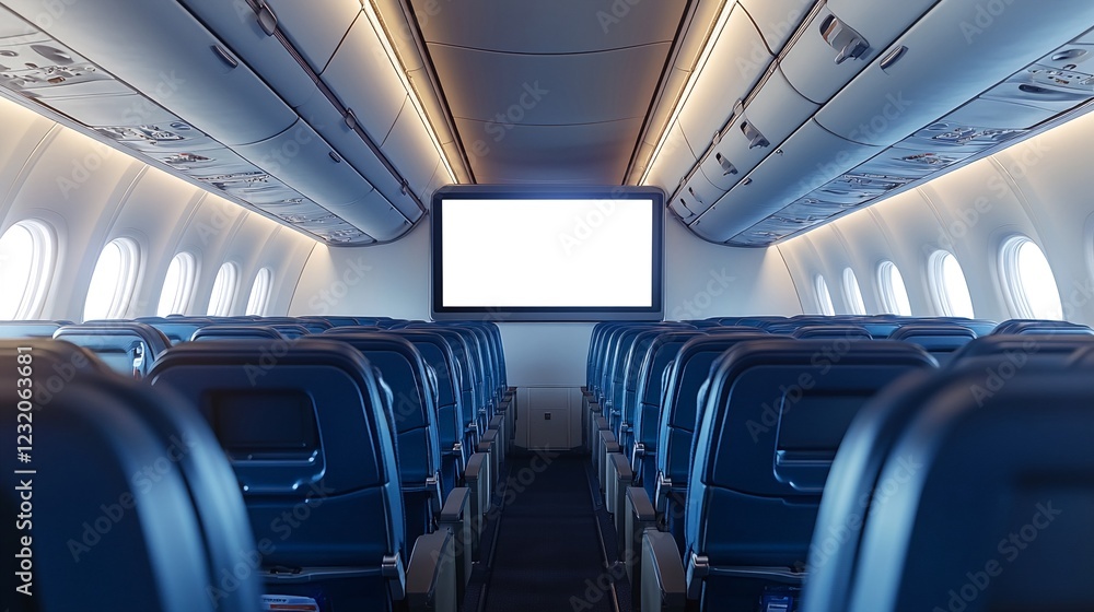 Fototapeta premium An airplane interior with empty seats and rows of windows, featuring an advertisement screen.