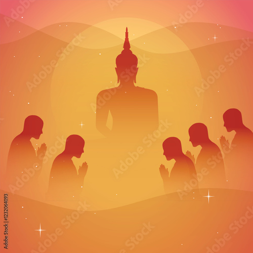 Beautiful simple clean vector for Asarnha Bucha and Buddhist holiday, the great Buddha sitting among five monks with moon and star on orange wave background in warm monotone vintage retro style.