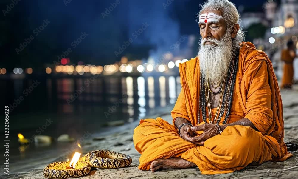 Peaceful meditation by the rivers edge with flickering candlelight at night. Peaceful meditation by the rivers edge with flickering candlelight at night.