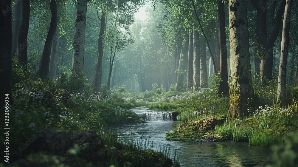 Obraz premium Misty forest stream, tranquil nature scene, spring flowers, game background