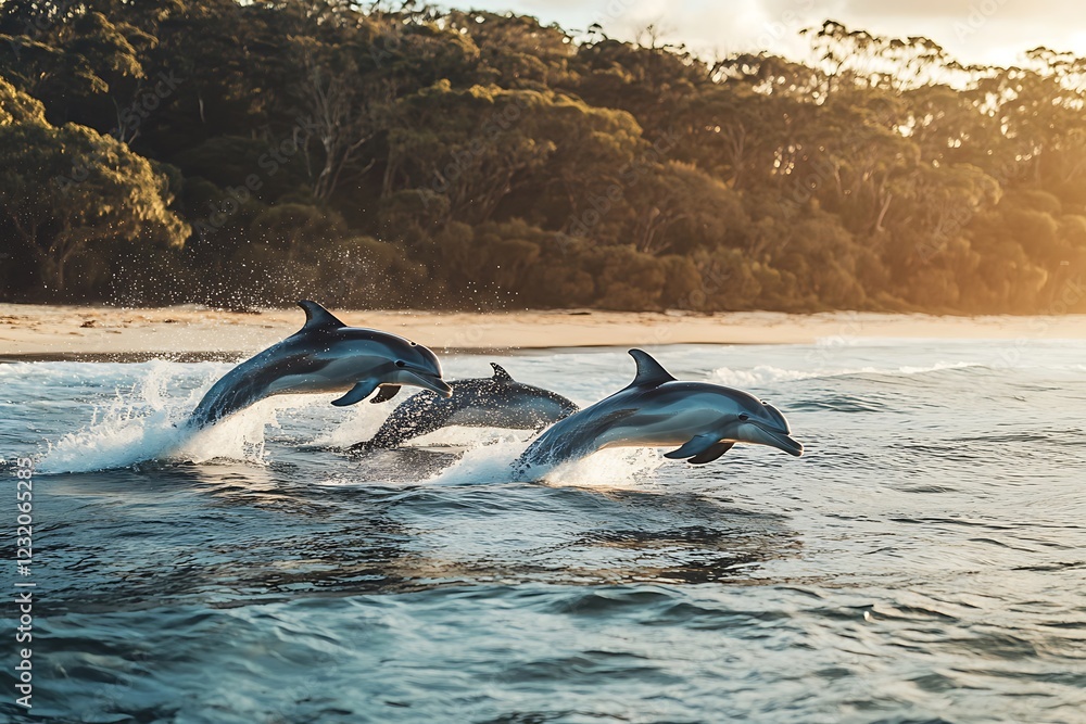 Obraz premium Three Dolphins Leap in a Coastal Sunrise