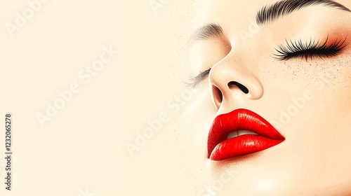 A half of face with vibrant red lips and subtle freckles on the cheek. photo