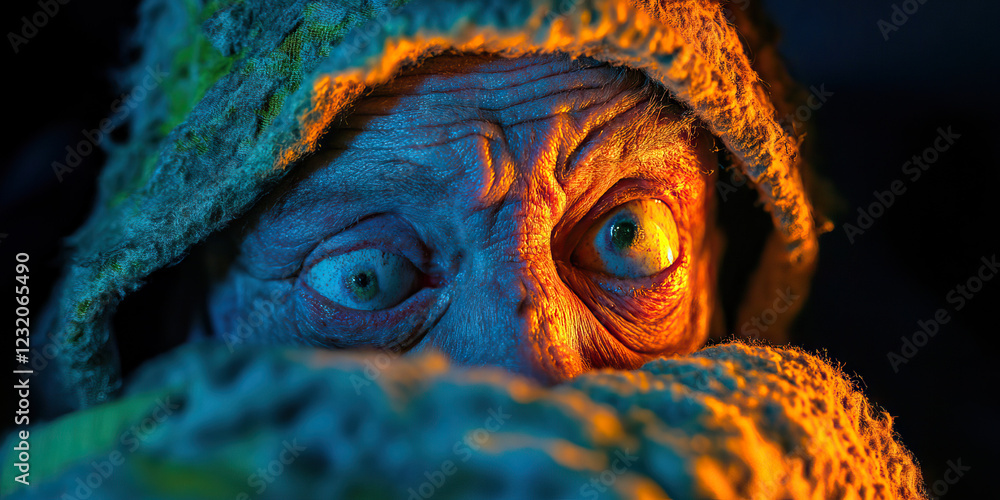 Fototapeta premium Close-up Photograph of Wrinkled Face Partially Hidden by Fabric