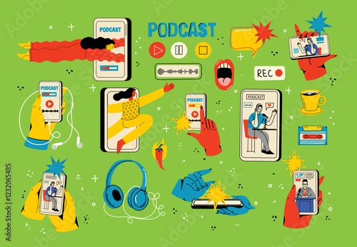 Podcast illustrations set. Streaming web show digital devices tablets laptop speakers microphones headphones recent vector flat pictures set