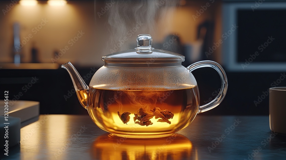 Steaming tea infusing glass teapot kitchen counter Steaming tea infusing glass teapot kitchen counter