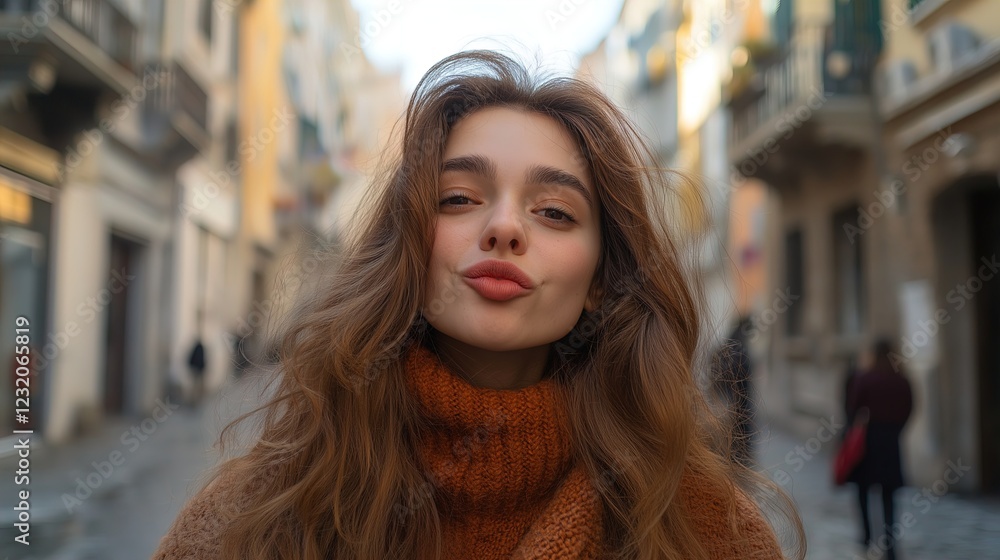 European student enjoying a moment of confidence in a bustling street European student enjoying a moment of confidence in a bustling street