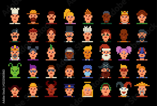 Pixel avatars characters set of the 8-bit avatar, funny faces in 80-s, NFT. Cartoon vector icon, game user, web profile persons, people, social net portraits