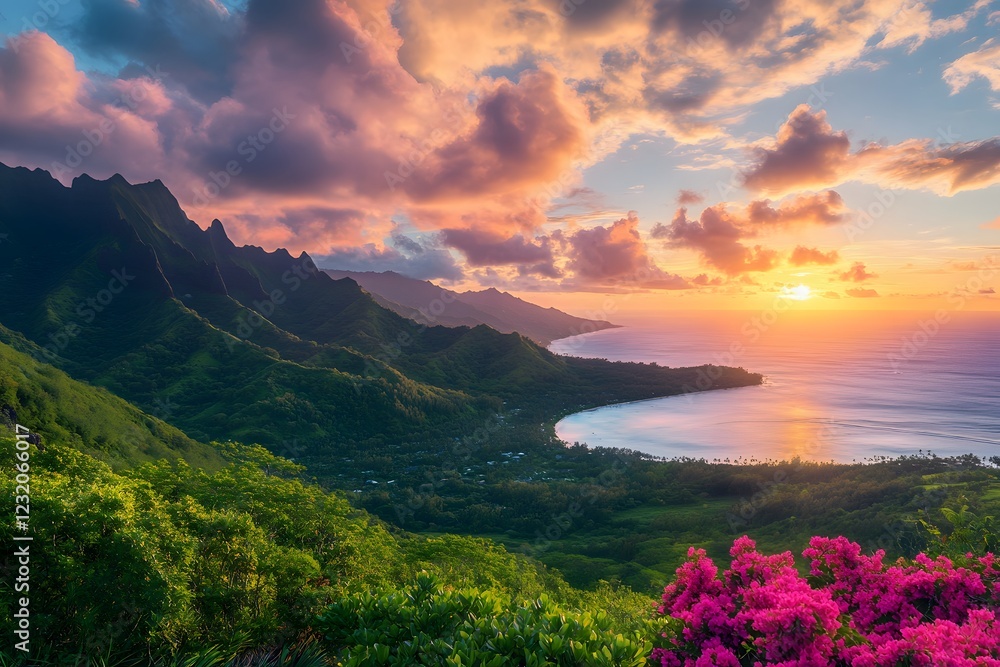 Obraz premium Beautiful sunset over the turquoise ocean in Moorea, French Polynesia, with lush greenery and colorful flowers on the mountains in the background, Generative AI