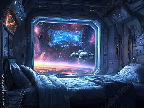 Fototapeta Naklejka Na Ścianę i Meble -  Next-gen space travelers bedroom with holographic starmap and stunning view of a space station orbiting a distant exoplanet
