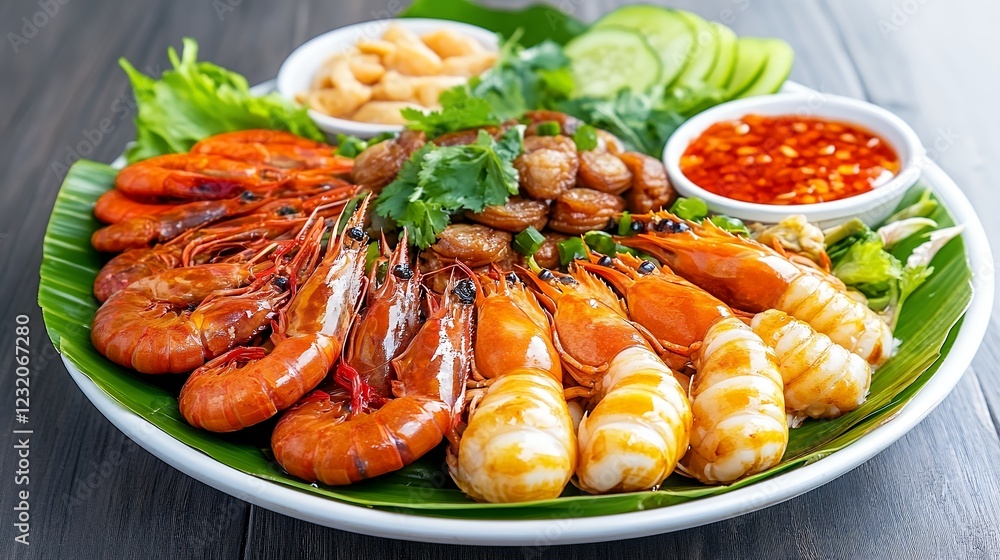 Succulent Grilled Shrimp Platter with Chili Sauce and Peanuts Succulent Grilled Shrimp Platter with Chili Sauce and Peanuts