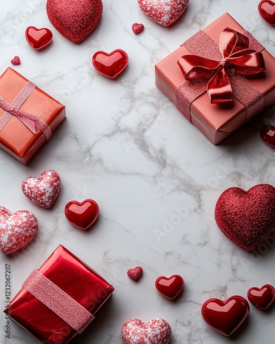 top view of gift boxes and hearts with copy space  