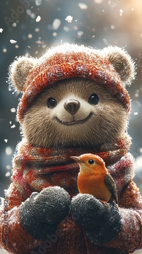 A cheerful, anthropomorphic teddy bear wearing an orange knit hat with pom-poms on either side and matching scarf, smiling happily at the viewer while holding a small bird in its hands.
