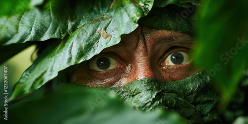 Close-up of Camouflaged Face Partially Concealed by Leaves