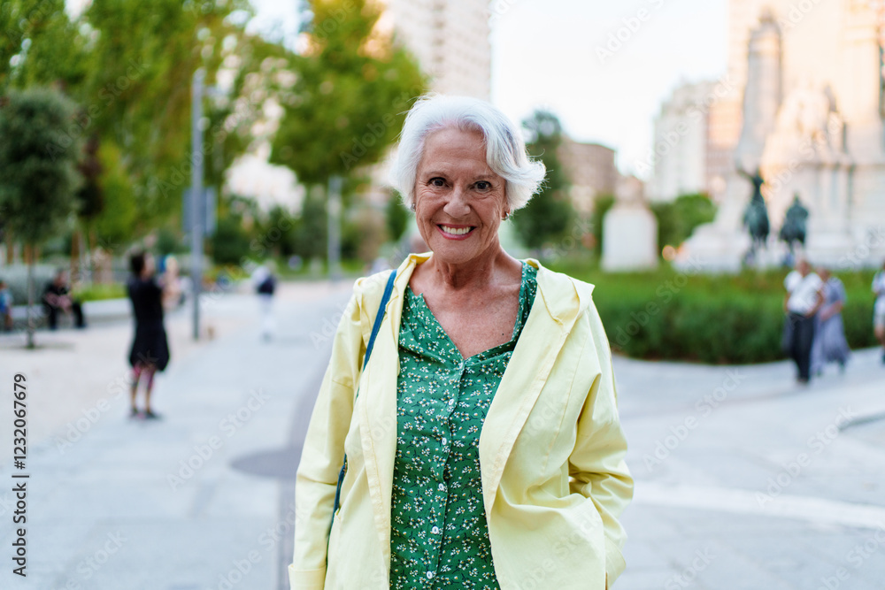 Fototapeta premium Smiling senior woman enjoying a walk in a city park