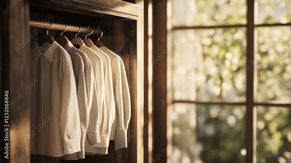 Fototapeta premium Sunlit wardrobe with neatly hanging shirts.